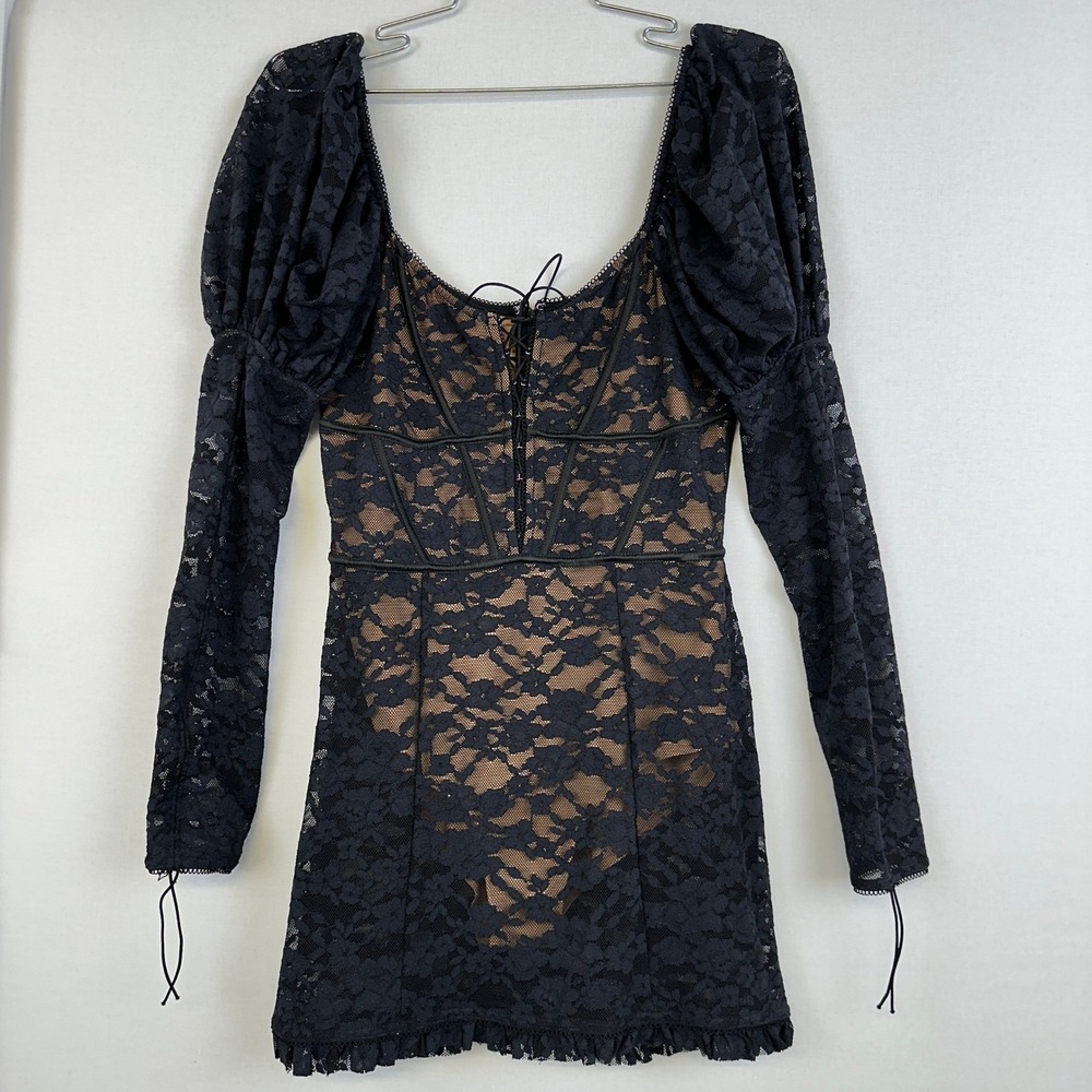 For Love & Lemons Lace Corset Mini Dress Black Nude Women's S